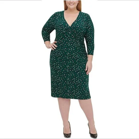 Tommy Hilfiger faux wrap jersey knit shift dress green cheetah leopard print 18W - Picture 1 of 6